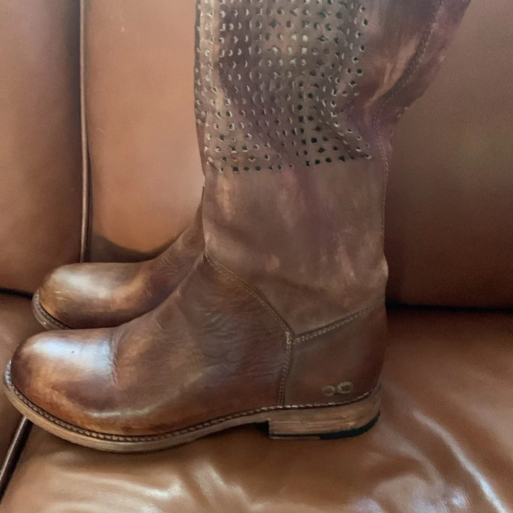 Bed Stu Women's Tall Perforated Leather Riding Boots in Cognac Brown